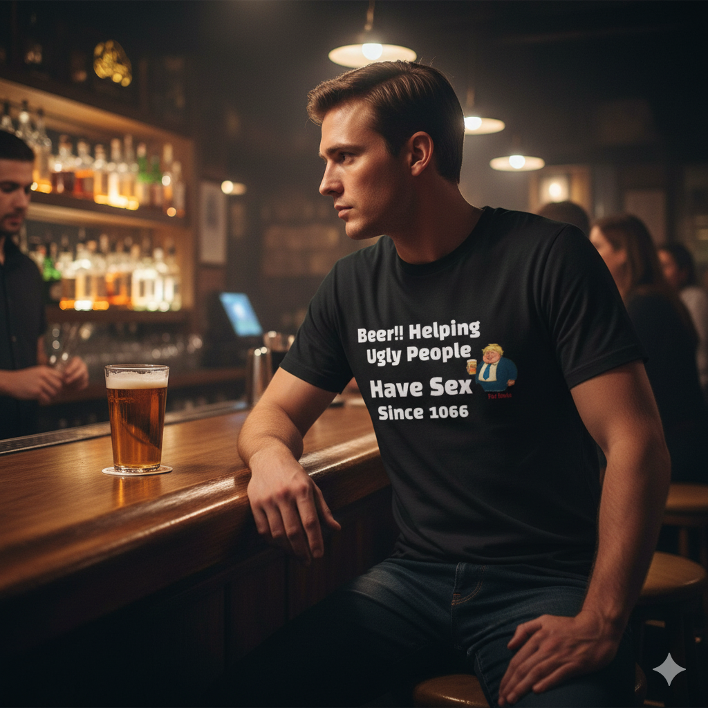 Man sitting at a bar wearing a t-shirt with humorous text, surrounded by bar elements. Funny Beer T-Shirt — “Beer!! Helping Ugly People Have Sex Since 1066”