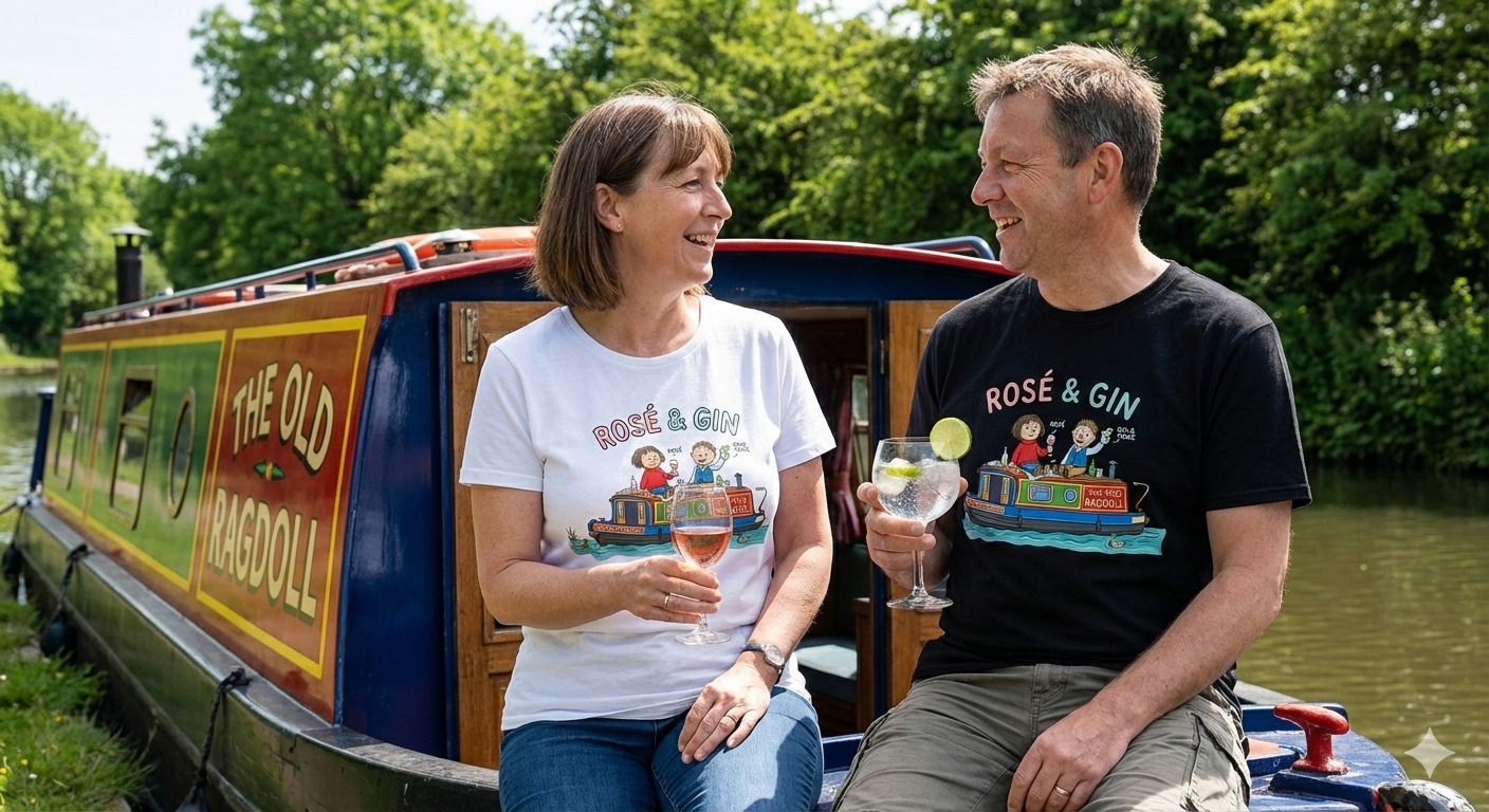 Two people sitting on a canal boat, enjoying drinks, with a scenic background.