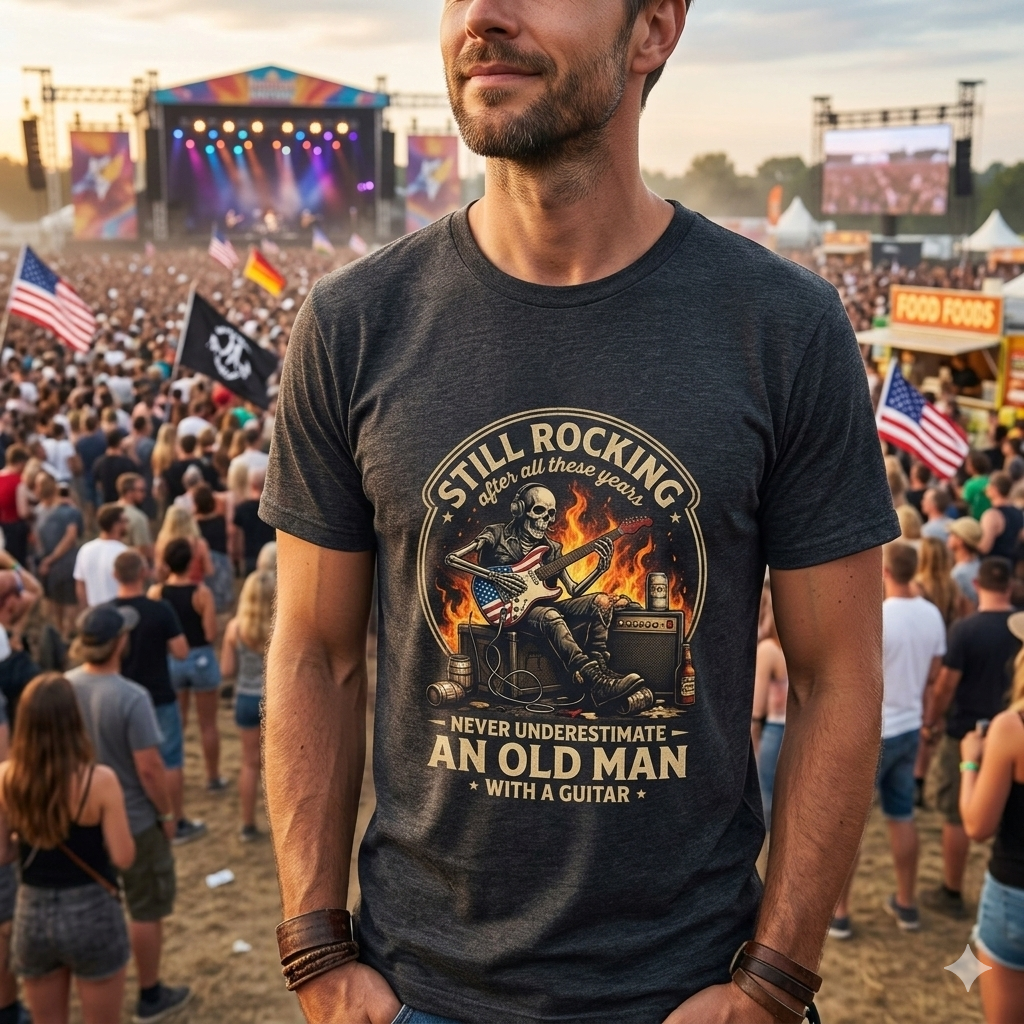 A detailed close-up of the vintage- "Still Rocking After All These Years Never Underestimate An Old Man With A Guitar" t-shirt design from the Fat Boris Store.