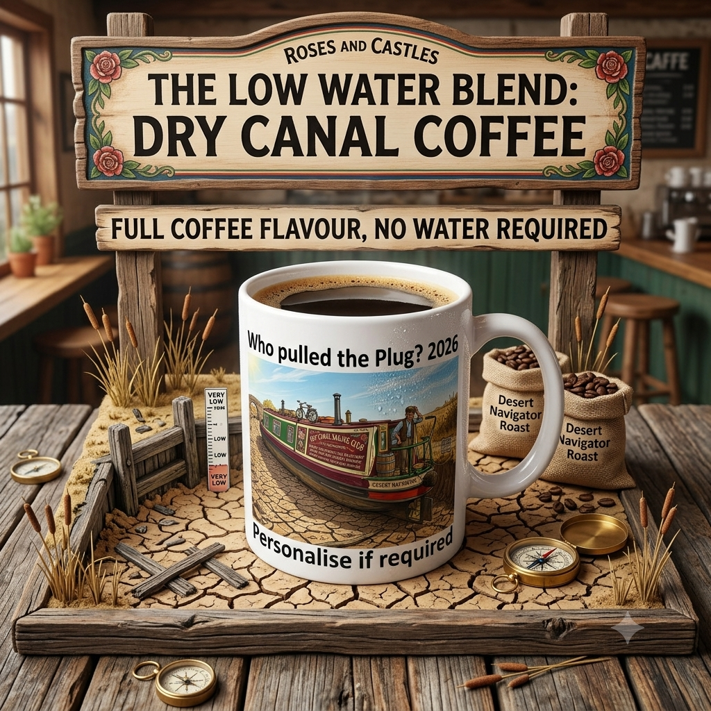 A ceramic coffee mug with a humorous canal-themed graphic who PULLED THE PLUG 2026 sits on a rustic wooden display table. The sign above reads 'THE LOW WATER BLEND: DRY CANAL COFFEE' by 'ROSES AND CASTLES'.