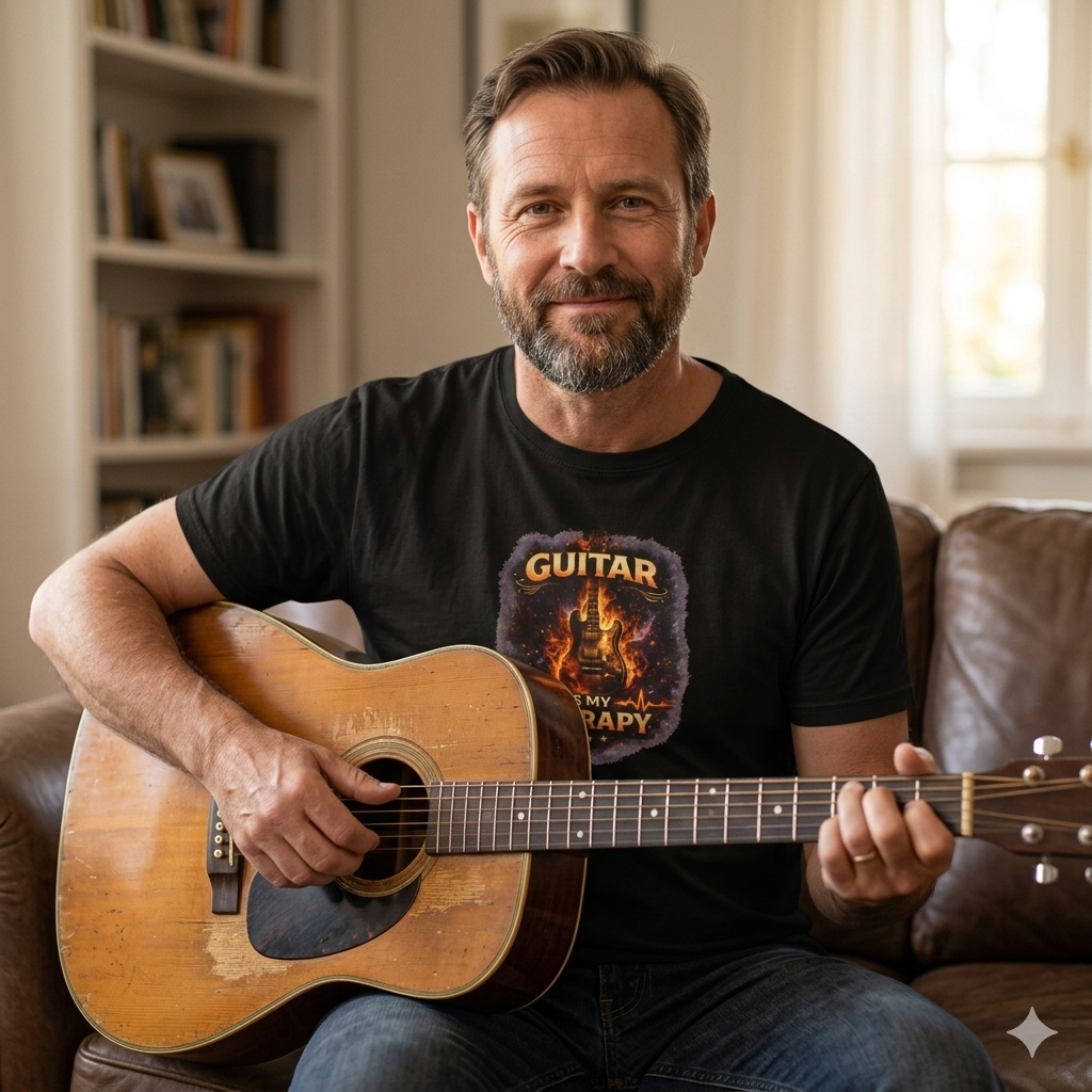 Man sitting on a couch holding an acoustic guitar in a home setting Guitar is my therapy electric guitar rock music t shirt design