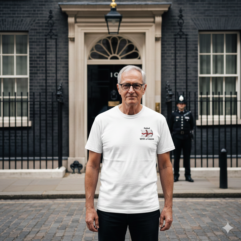 Man wearing a white t-shirt with a Rebel With a Cause Pocket T-Shirt — Saint George Flag background outside 10 Downing Street, London with a policeman standing in the background