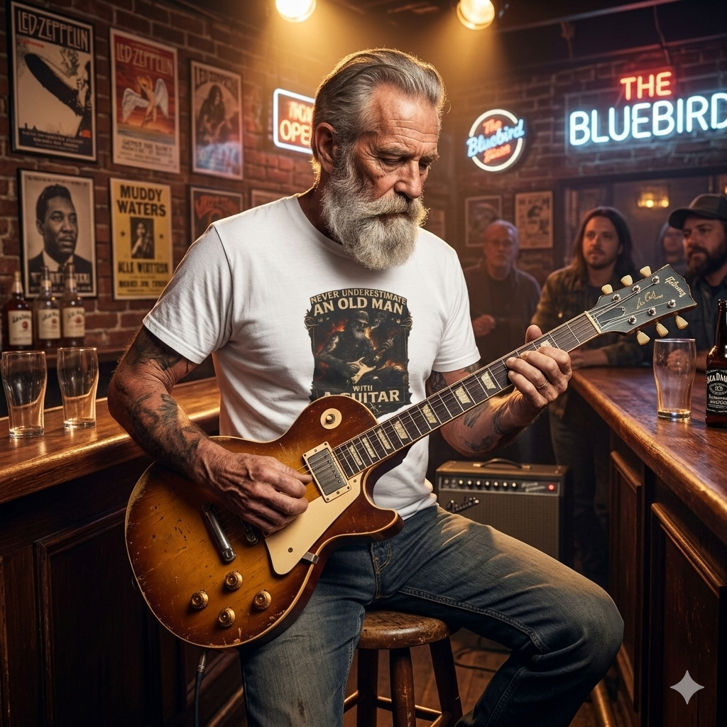 Man playing guitar in a bar with neon signs and posters on the wall. Wearing a white t shirt design Never underestimate an old man with a guitar vintage rock guitarist t-shirt design