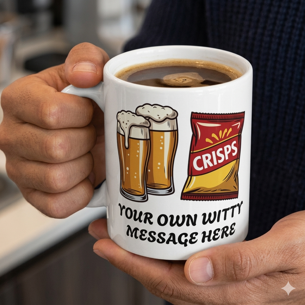 Person holding a mug with two pints of lager and a packet of crisps design and customizable text.