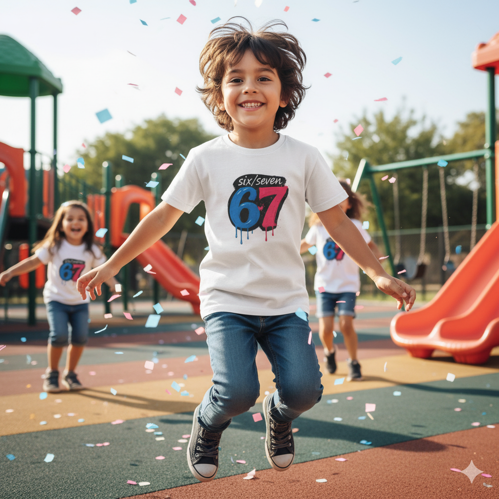 Child in a playground wearing a white t-shirt with six seven graphic with a design, surrounded by confetti.