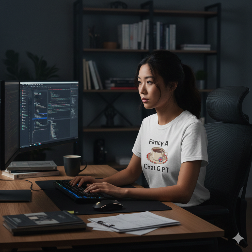 Person sitting at a desk with a computer, wearing a t-shirt with text and graphics.
Fancy a ChatGPT