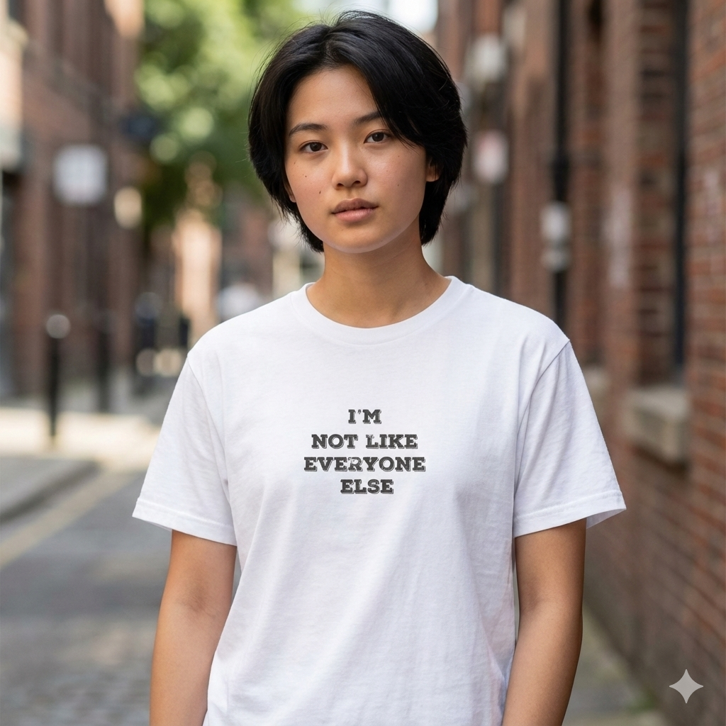 Person wearing a white t-shirt with text on a street background Not Like Everybody Else T-Shirt — Quirky Self-Expression Graphic Tee