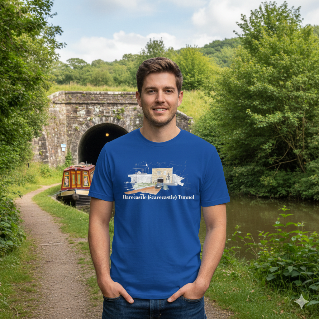 Man wearing a blue t-shirt with Harccastle Tunnel design, standing in front of a canal tunnel.