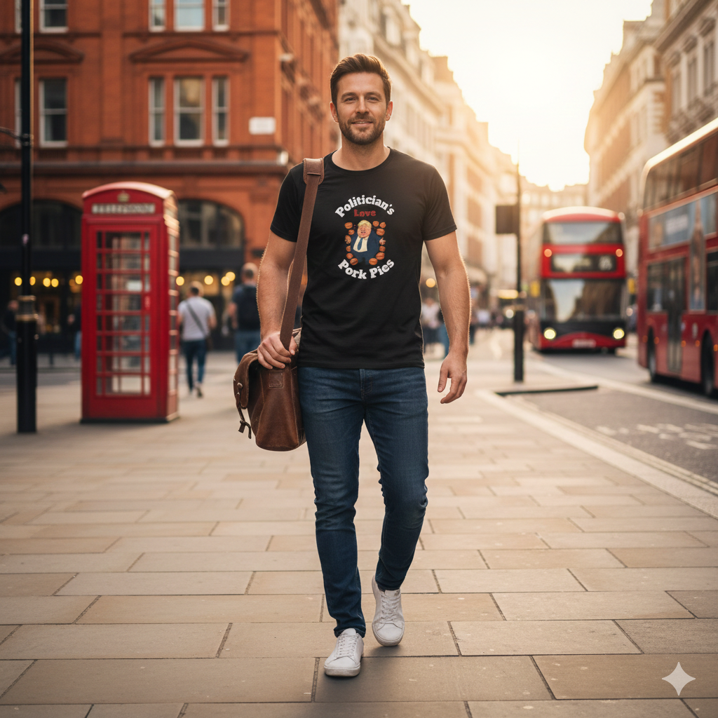 Man walking on a city street with red telephone box and double-decker buses in the background wearing black "politician's love pork pies"  graphic t shirt
