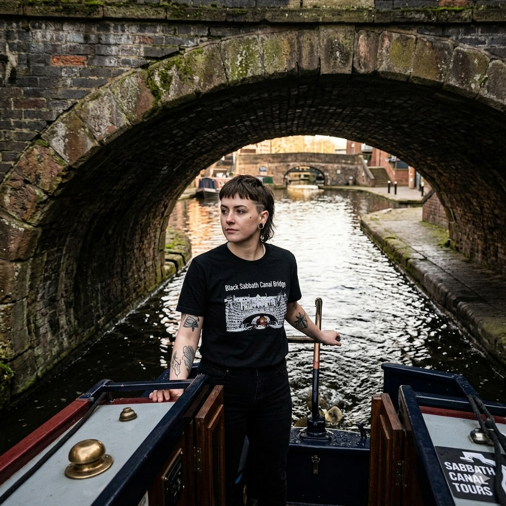 Person standing on a canal boat under a stone archway. Wearing a black t shirt graphic Black Sabbath Canal Bridge Birmingham UK T-Shirt – Industrial Rock Art Tee