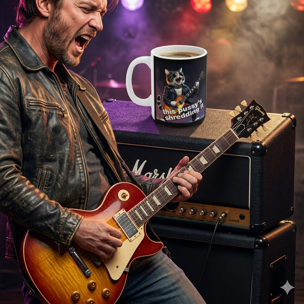 Rock guitar player with a graphic Rock Cat Guitar Mug — "This Pussy's Shredding It"