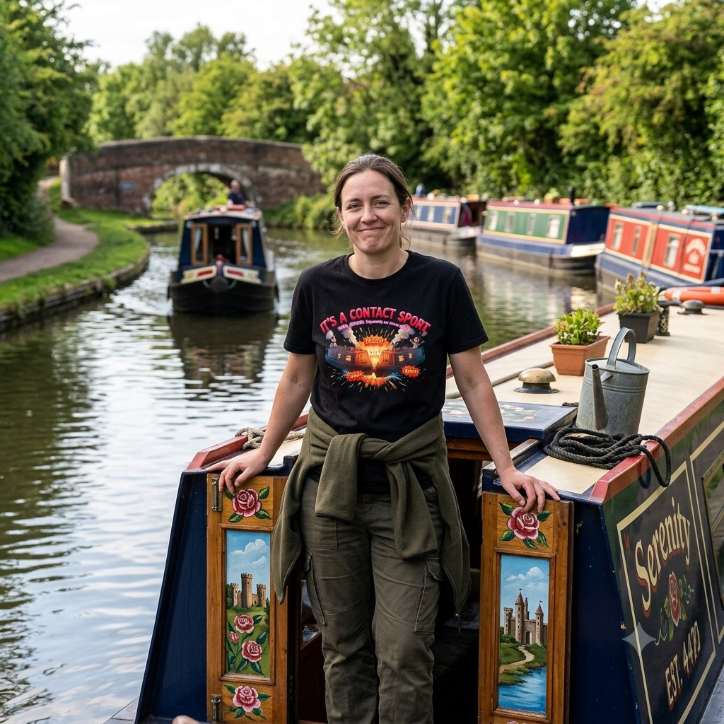 A woman stands on the deck of a narrowboat on a canal, wearing a black graphic T-shirt with a red, orange, and yellow design that reads 'IT'S A CONTACT SPORT. The boat is decorated with floral and cityscape illustrations, and other boats and green trees are visible in the background.
