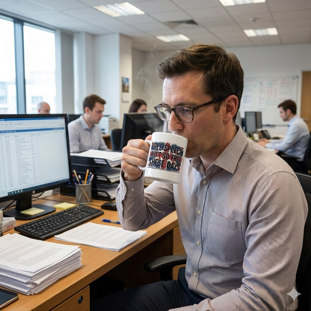 Man sitting at a desk in an office, holding a mug with text, free speech ain't so free these days. surrounded by workstations.