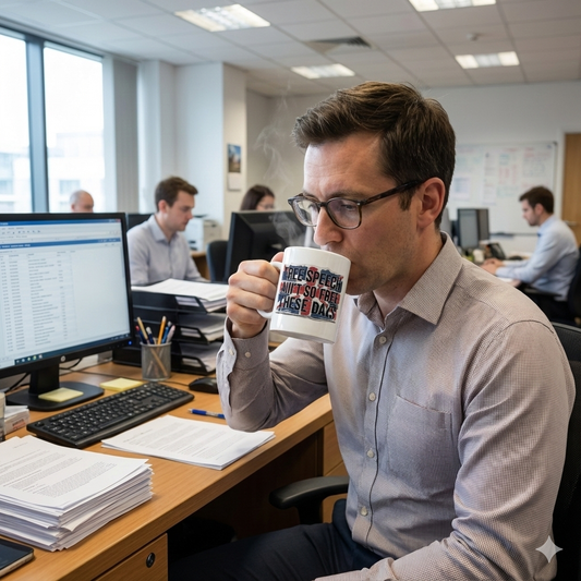 Man sitting at a desk in an office, holding a mug with text, free speech ain't so free these days. surrounded by workstations.