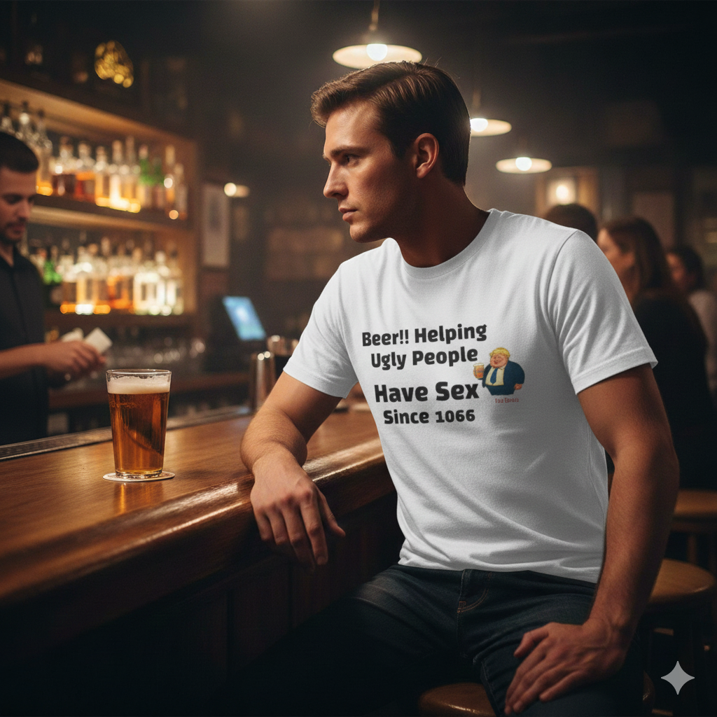 white Funny Beer T-Shirt — “Beer!! Helping Ugly People Have Sex Since 1066”
