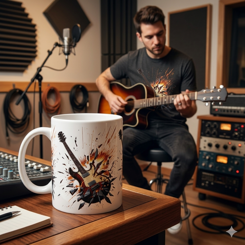 GUITAR PLAYER IN RECORDING STUDIO WITH A WHITE COFFEE MUG IN FOREGROUND THAT HAS A SHATTERED GUITAR DESIGN PRINT