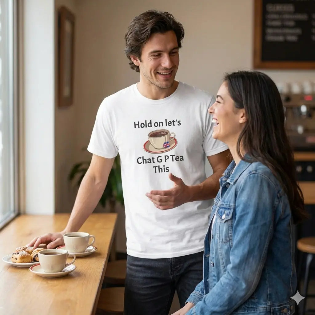 Man wearing a white t-shirt with humorous text  and graphics, standing in a cafe with a woman. with a graphic of a teacup and saucer and text "HOLD ON LET'S G P TEA THIS" on a white background