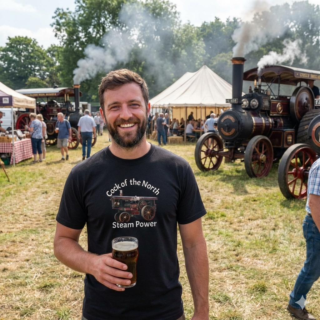 Man holding a pint at a steam power event WEARING A BLACK T SHIRT WITH COCK OF THE NORTH TRACTION ENGINE with vintage steam engines in the background.