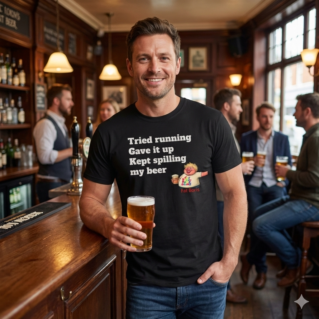 Funny 'Tried Running, Gave It Up, Kept Spilling My Beer' T-Shirt — Fat Boris Design