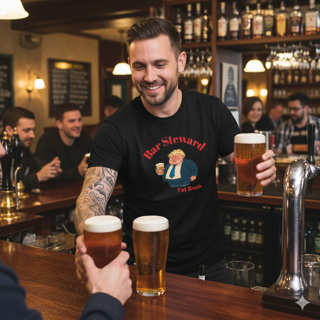 Bar Steward Featuring a retro "Fat Boris" design, this t-shirt is perfect for hospitality workers, cocktail enthusiasts,