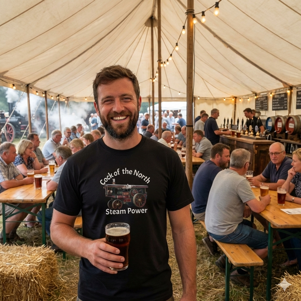 Man holding a beer inside a large tent with people and tables in the background