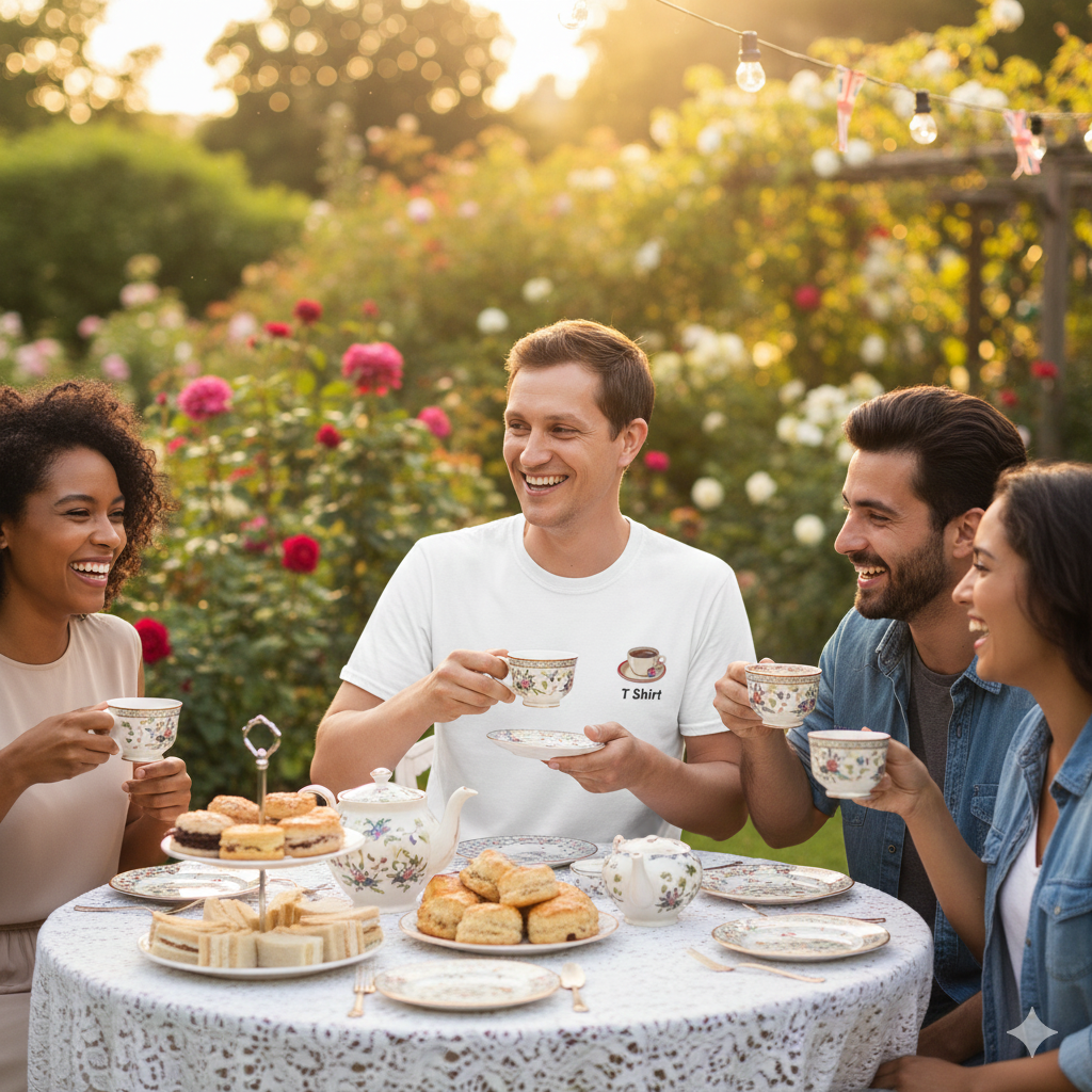 Four friends enjoying a tea party outdoors with a garden in the background with a man wearing a white t shirt with a cup of tea graphic