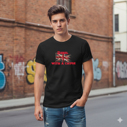 Man wearing a black t-shirt with a Union Jack design and text, rebel with a cause, standing against a brick wall with graffiti.