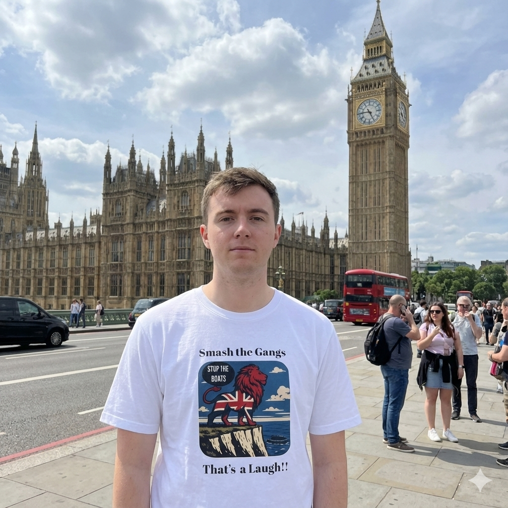 A person wearing a white t-shirt with a graphic design  stop the boats in front of Big Ben and the Palace of Westminster.