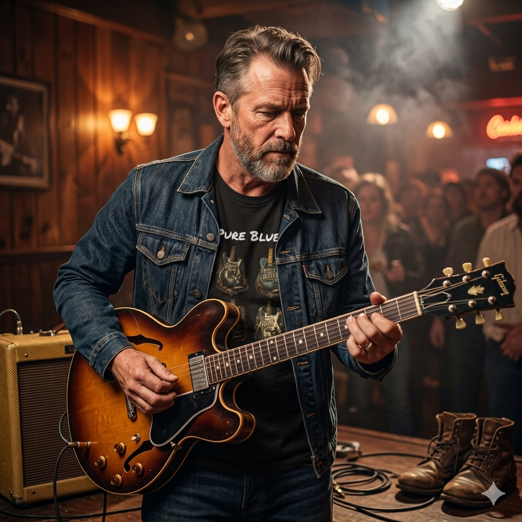 Man playing guitar on a stage with a crowd in the background WEARING A BLUES GRAPHIC GUITAR T SHIRT