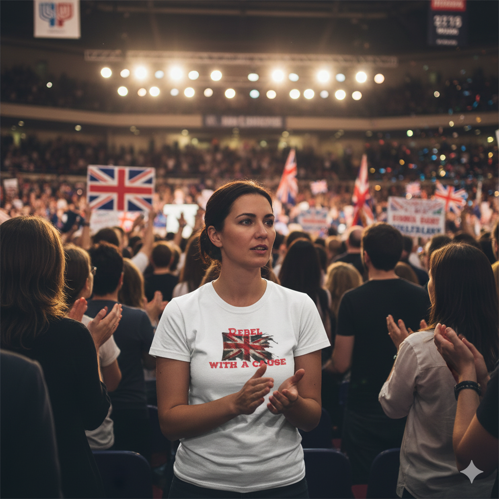 Woman in a white t-shirt with a British flag design in a crowded indoor setting