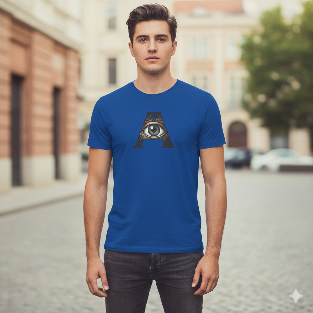 Man wearing a blue t-shirt with a logo on a street background  a i intelligence graphic t shirt