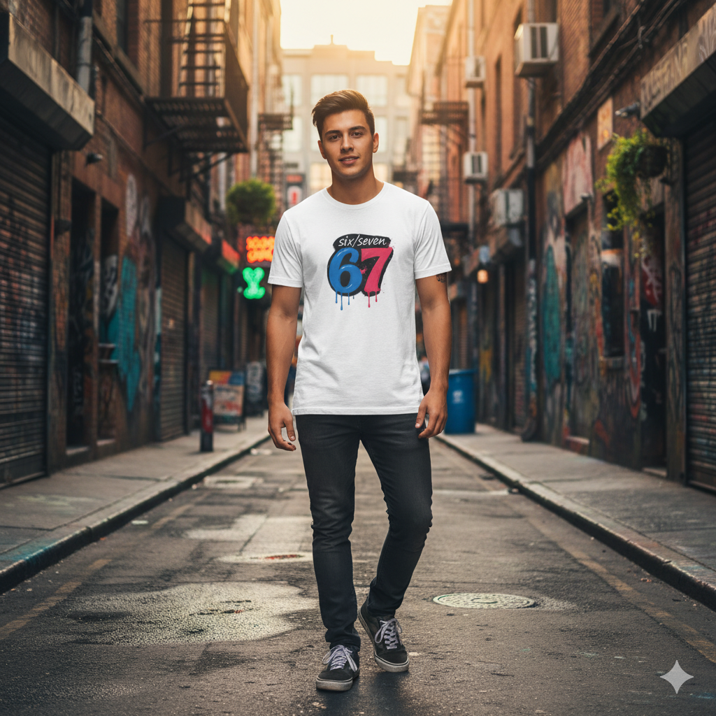 Man walking down a graffiti-covered alleyway wearing a white t-shirt with an oil paint drip six seven colourful design.