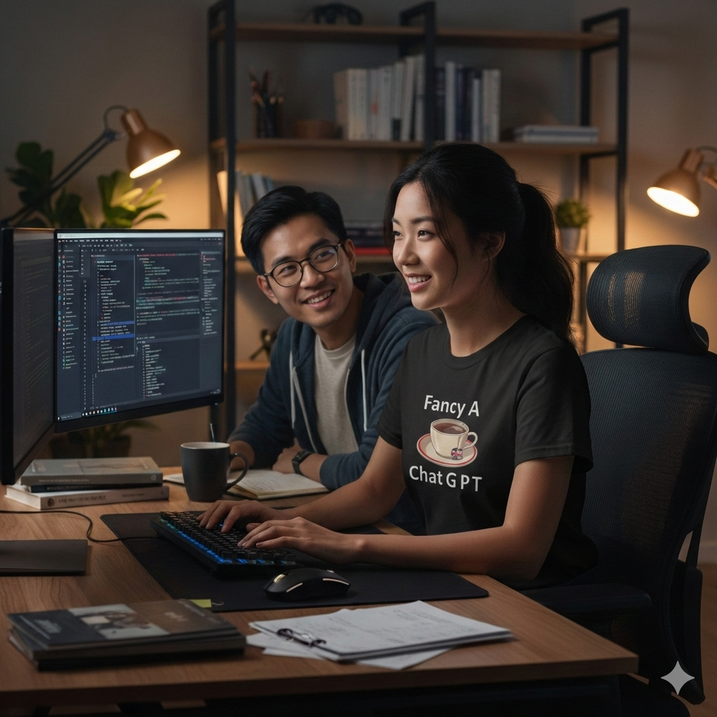 Two people working together at a computer in a dimly lit room with books and plants in the background. 
wearing  a Black t-shirt with a graphic of a coffee cup and saucer on a white background with text "fancy a chat gpt" 