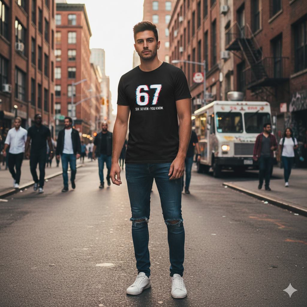 man wearing  black Glitch 6 7 Unisex Softstyle T-Shirt | Six Seven You Know Meme Tee | Viral Streetwear Graphic