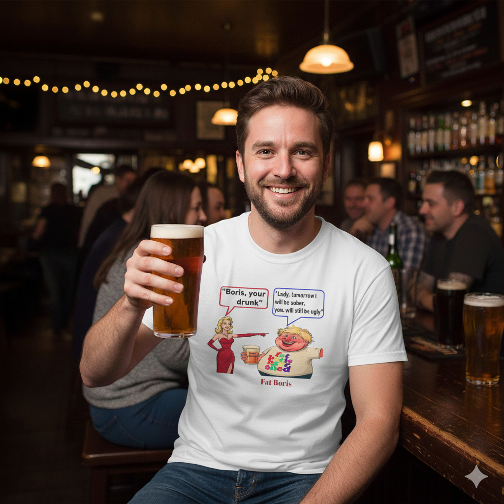 Funny 'Boris Your Drunk' T-Shirt — Churchill Quote Parody

"Boris you're drunk"&nbsp; "Lady, tomorrow I will be sober, you will still be ugly"
