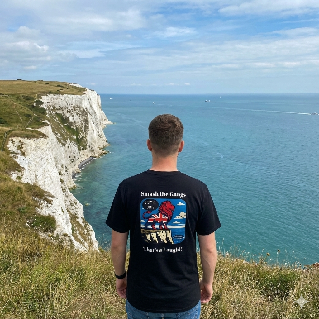 Person wearing a black t-shirt with a graphic design, stop the boat standing on a cliff at Dover overlooking the sea. 