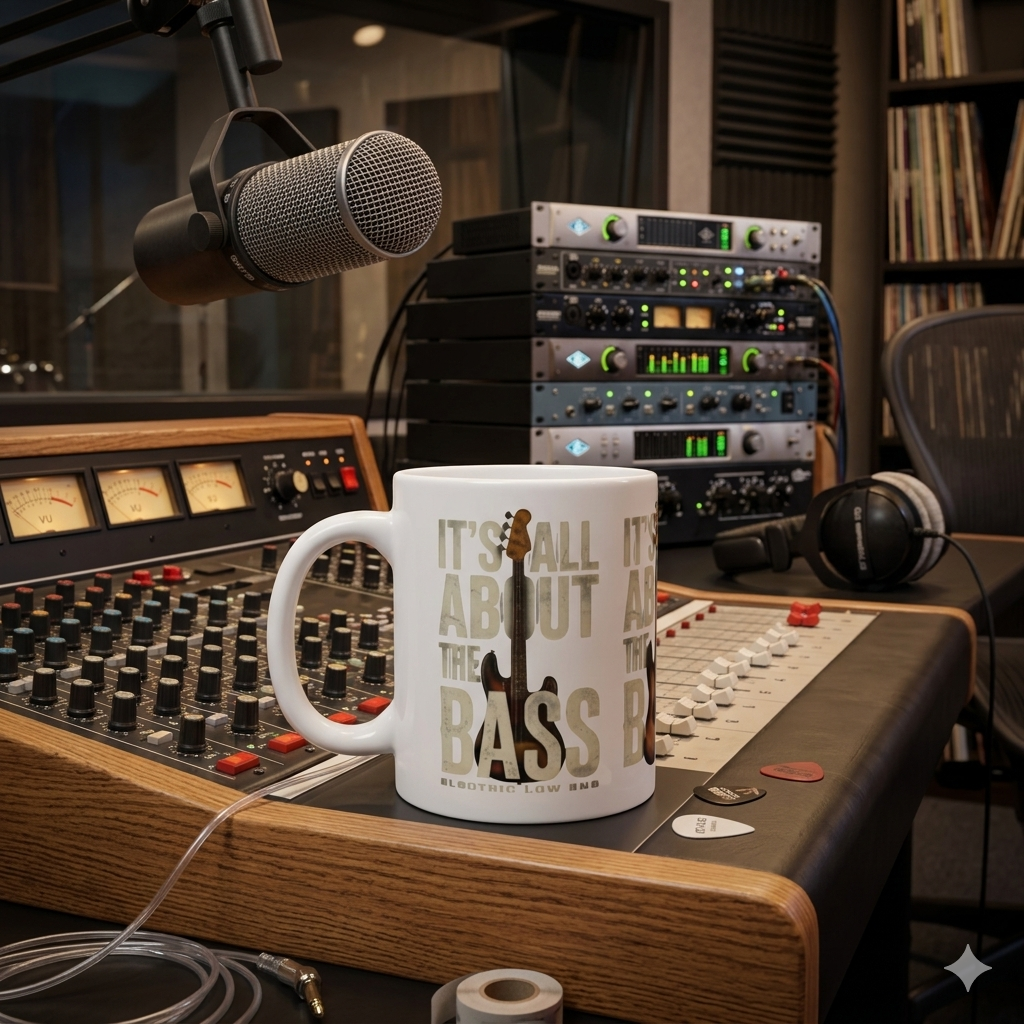 Mug with 'It's All About the Bass' text in a recording studio setting