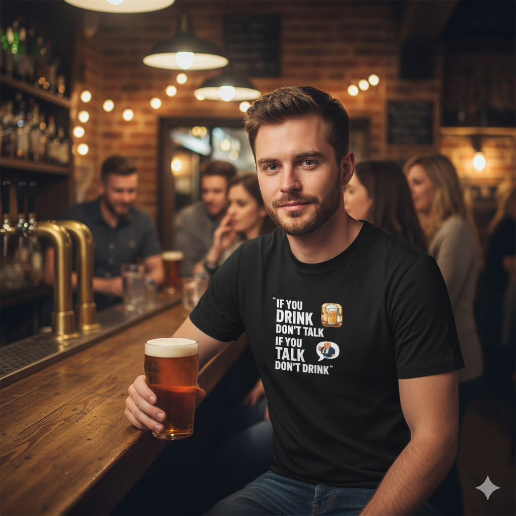 Man holding a beer in a bar wearing a fat Boris Black t-shirt with “If you drink don’t talk, if you talk don’t drink”, graphic
