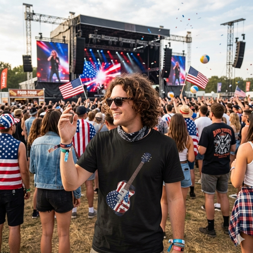 Man at a music festival wearing an American flag guitar t-shirt with a crowd and stage in the background.
