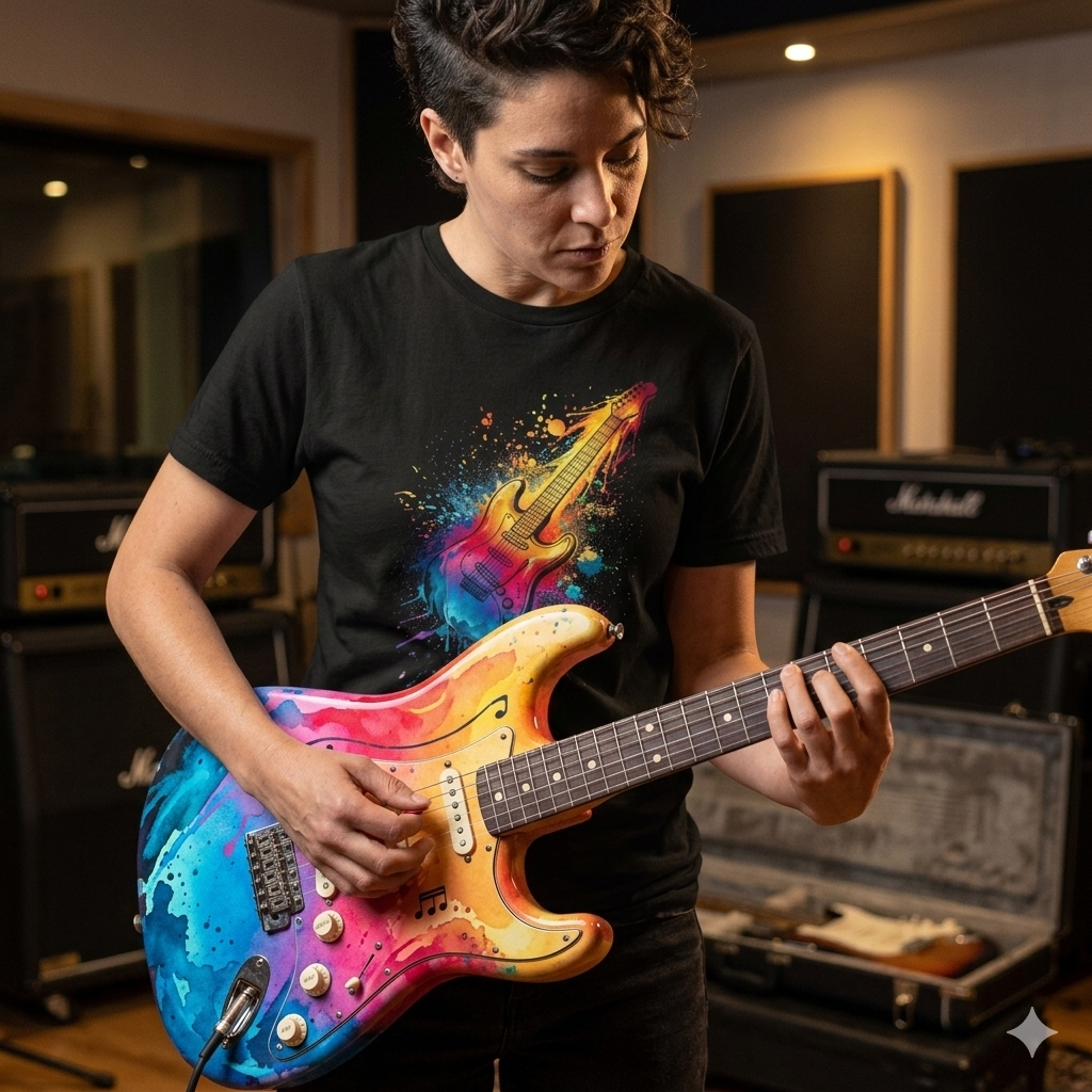 Person playing a colourful electric guitar in a studio setting wearing a black guitar paint splash deign t shirt