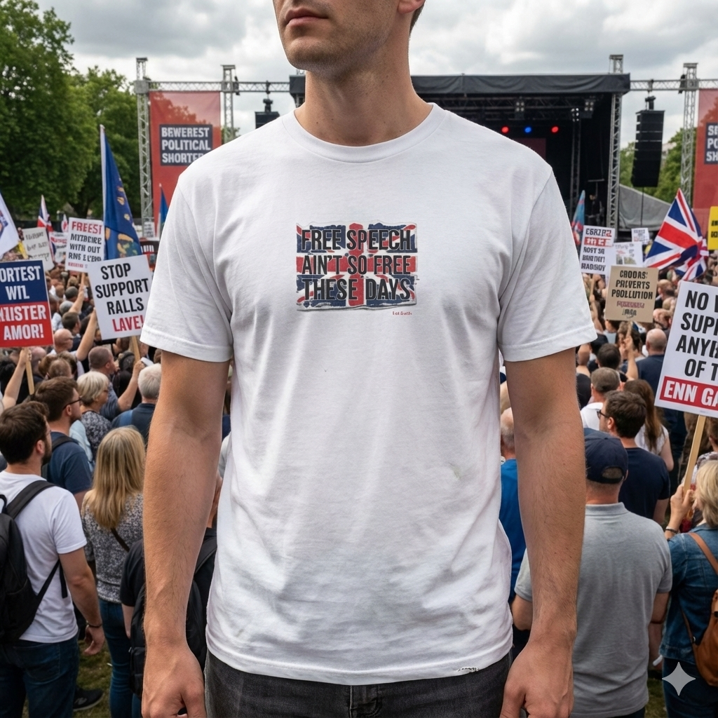 Person wearing a white t-shirt with text at a protest rally Free Speech Patriotic T-Shirt — "Free Speech Ain't So Free These Days" graphic