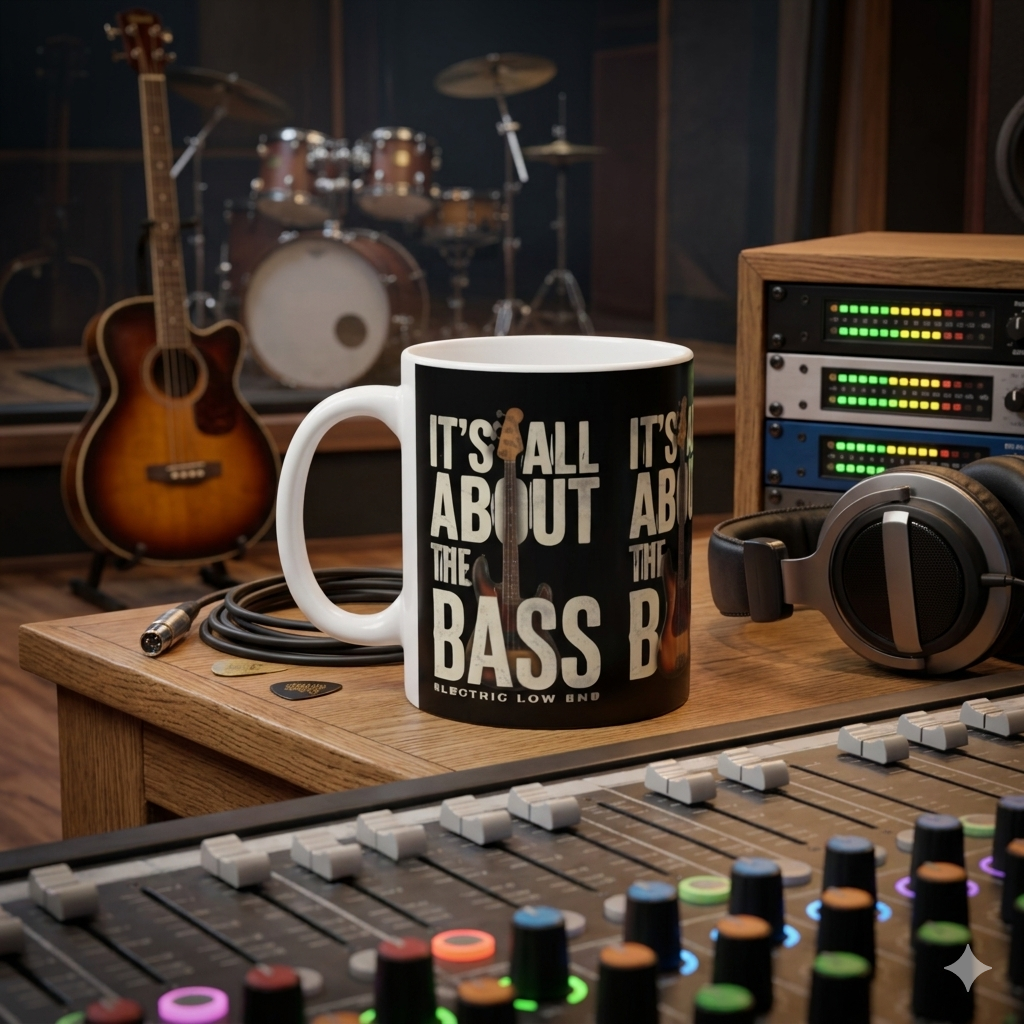 Black Mug with 'It's All About the Bass' text in a music studio setting with equipment.