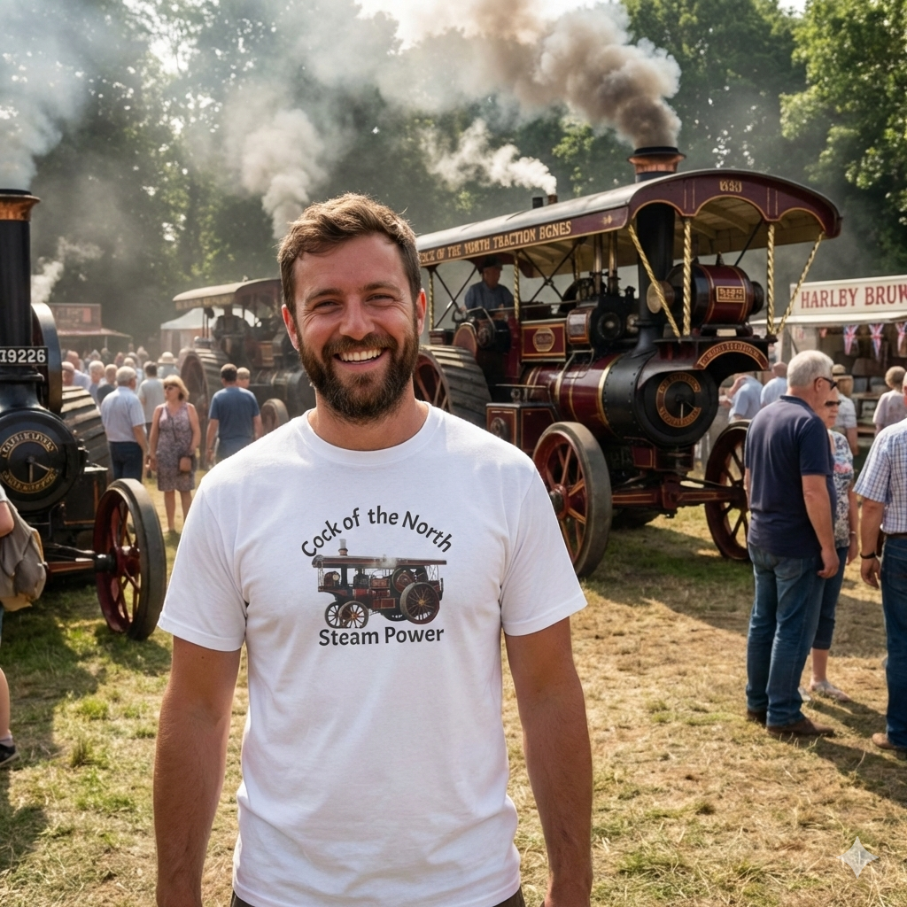 Man holding a pint at a steam power event WEARING A WHITE T SHIRT WITH COCK OF THE NORTH TRACTION ENGINE with vintage steam engines in the background.