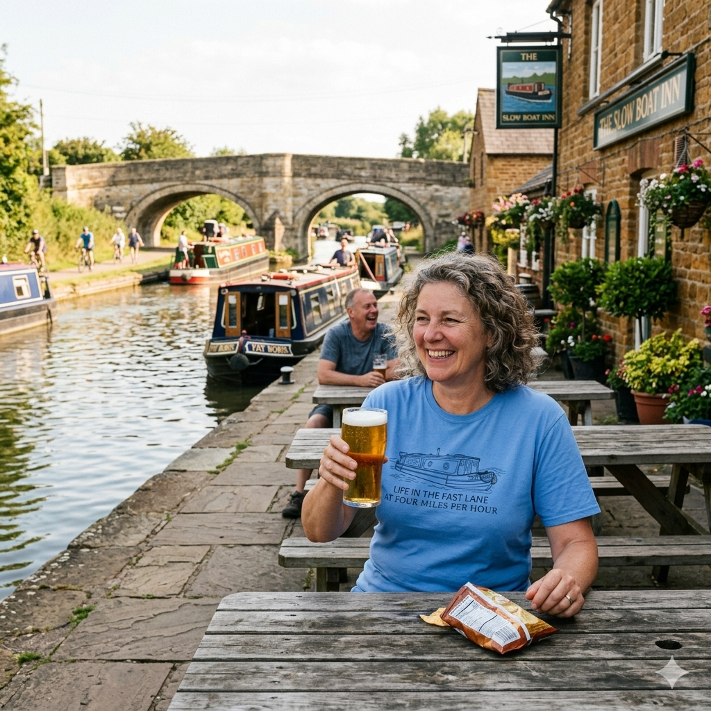Women enjoying a beer by a canal with boats and a pub in the background.