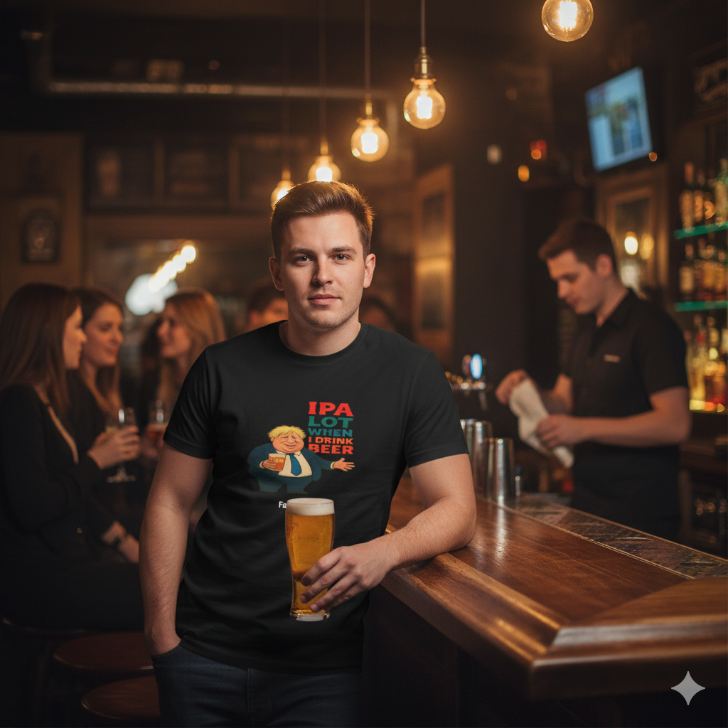 Man standing at a bar drinking beer, wearing a black fat boris t shirt with funny quote IPA lot when I drink beer