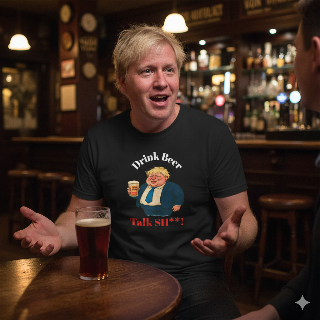 Man sitting in a bar wearing Black t-shirt with graphic of Fat Boris holding a beer and text drink beer talk sh**!  Pub background