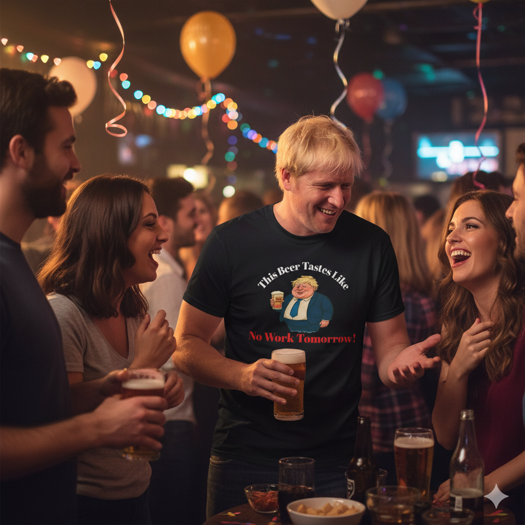 Man wearing black t shirt at a party bar 
 “This Beer Tastes Like No Work Tomorrow!” design from the Fat Boris Beer Shed collection 