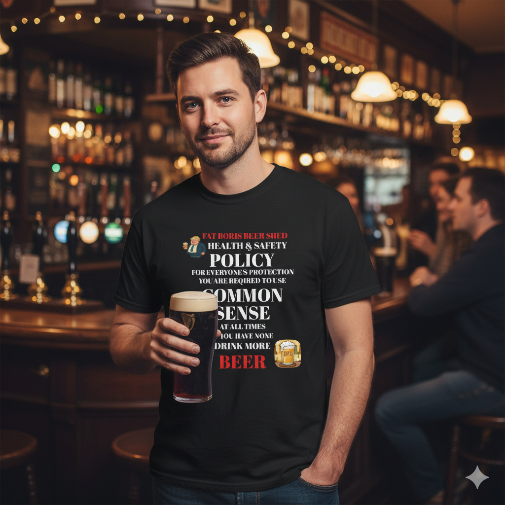 Man wearing Black t shirt in pub  with health and safety drink more beer funny graphic 