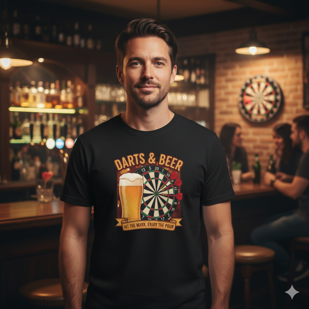 Man wearing black Darts & Beer Go Together T-shirt from the Fat Boris Beer Shed collection 