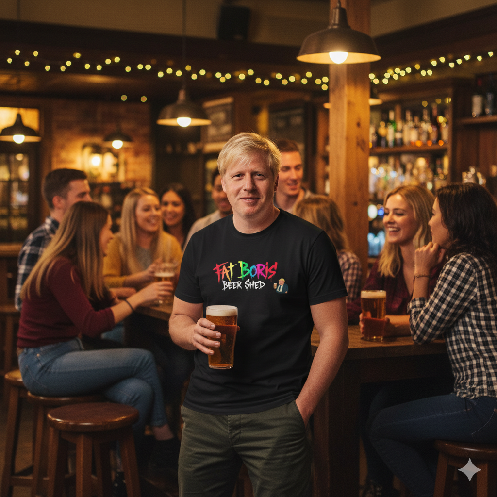 Man in bar wearing Black Fat Boris Beer Shed Colourful Logo T-Shirt
